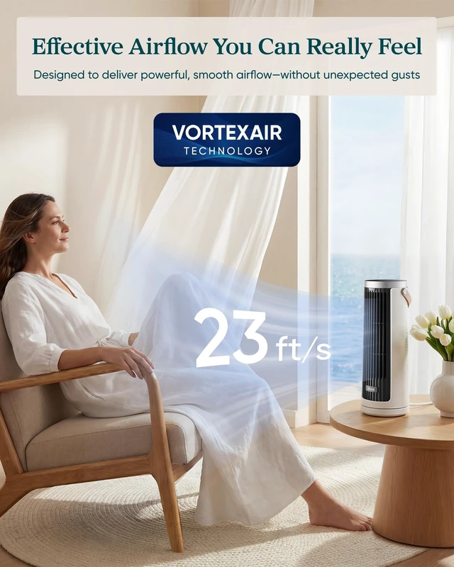 Alt view image 3 of 7 - Tower Fan for Bedroom, 20dB Quiet Desk Fan, Easy to Carry & Plug-in | 23ft/s Tabletop Fan, 3 Angles 5 Speeds Mini Oscillating Fan, DC Motor, Bladeless, Remote, 12H Timer, for Home, Room, Office