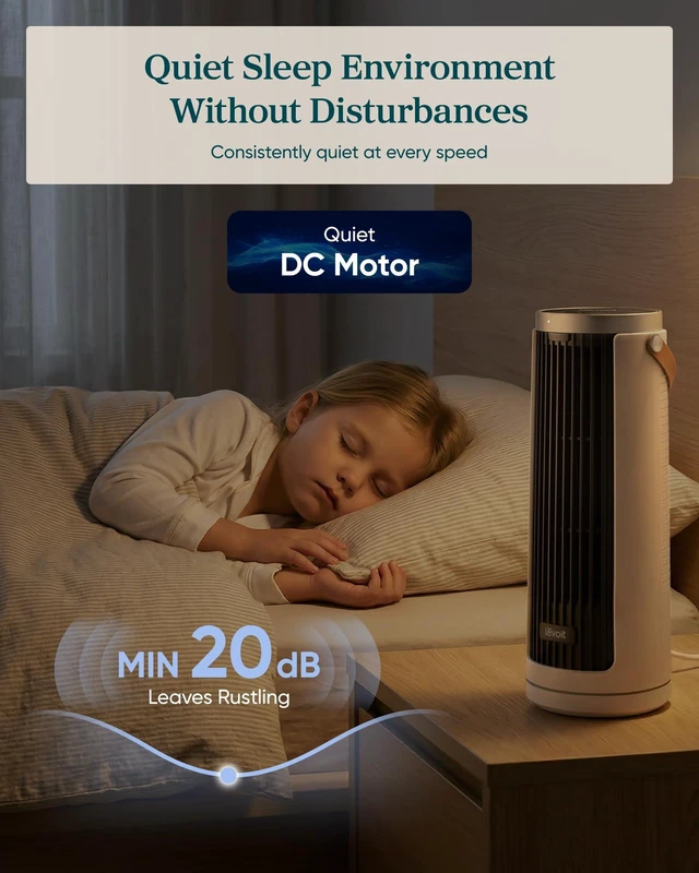 Alt view image 4 of 7 - Tower Fan for Bedroom, 20dB Quiet Desk Fan, Easy to Carry & Plug-in | 23ft/s Tabletop Fan, 3 Angles 5 Speeds Mini Oscillating Fan, DC Motor, Bladeless, Remote, 12H Timer, for Home, Room, Office