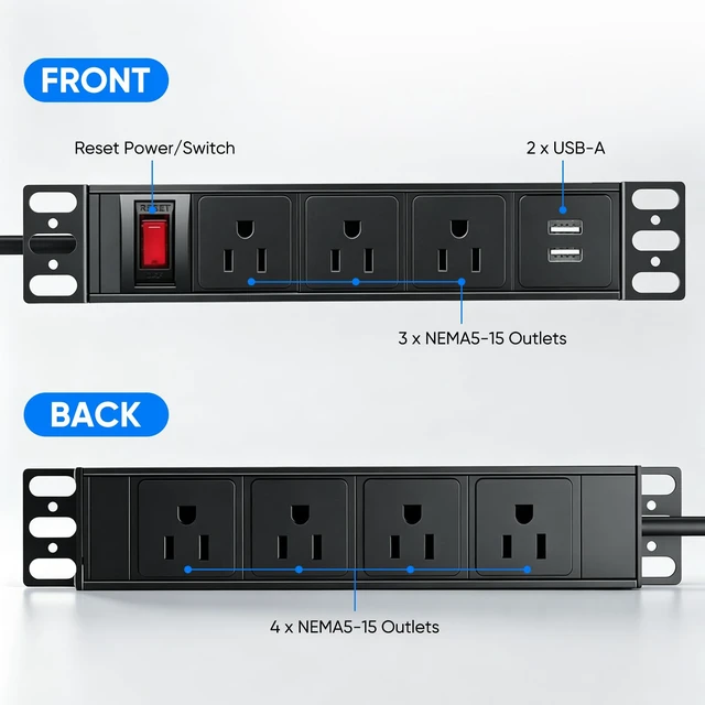 Alt view image 2 of 7 - 10'' Rack PDU, 7 Outlets(3 in Front, 4 in Back) 2 USB-A,15A 125V,1875W | 14AWG 6ft Cable,15A Overload Switch,1U Rack mount Power Strips for 10 inch Mini Server Network Cabinets/Rack/Self