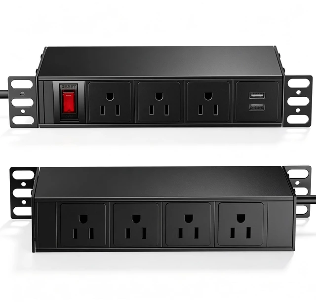 Main image of 10'' Rack PDU, 7 Outlets(3 in Front, 4 in Back) 2 USB-A,15A 125V,1875W | 14AWG 6ft Cable,15A Overload Switch,1U Rack mount Power Strips for 10 inch Mini Server Network Cabinets/Rack/Self