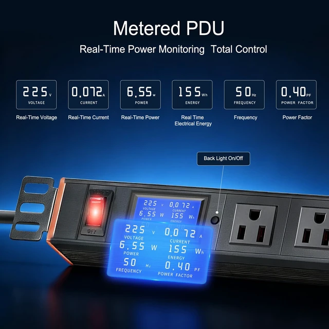 Alt view image 2 of 7 - 19in 1U Metered PDU Rack Mount Power Strip with Display 7 Outlets | Real-Time Power Monitoring, 7 Outlets; 360 Degree Rotating Brackets Fit Any Cabinet; 15A Overload Protection, 16AWG 4.9FT
