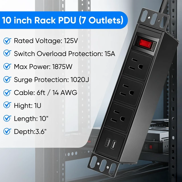 Alt view image 3 of 7 - 10'' Rack PDU, 7 Outlets(3 in Front, 4 in Back) 2 USB-A,15A 125V,1875W | 14AWG 6ft Cable,15A Overload Switch,1U Rack mount Power Strips for 10 inch Mini Server Network Cabinets/Rack/Self
