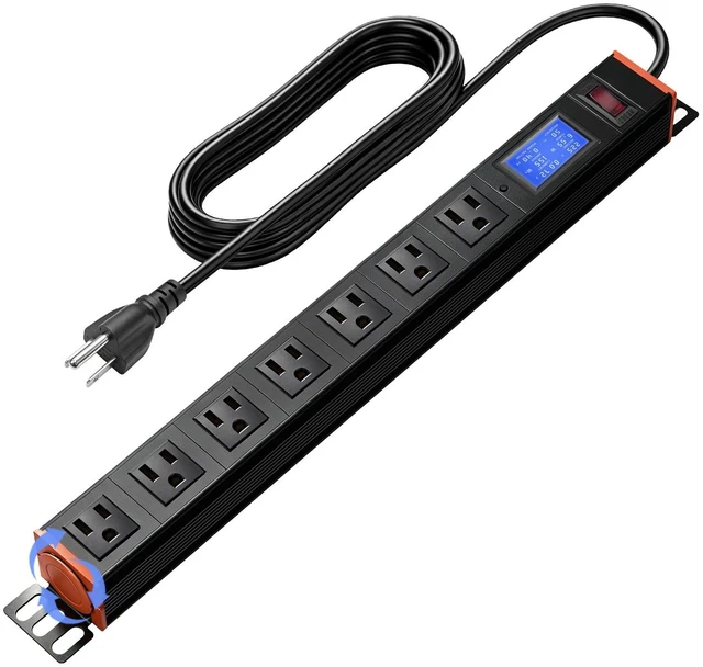 Main image of 19in 1U Metered PDU Rack Mount Power Strip with Display 7 Outlets | Real-Time Power Monitoring, 7 Outlets; 360 Degree Rotating Brackets Fit Any Cabinet; 15A Overload Protection, 16AWG 4.9FT