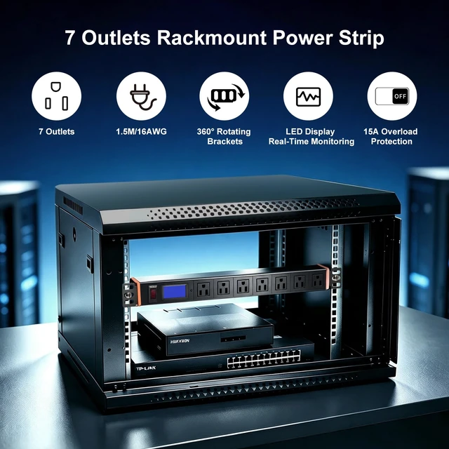 Alt view image 3 of 7 - 19in 1U Metered PDU Rack Mount Power Strip with Display 7 Outlets | Real-Time Power Monitoring, 7 Outlets; 360 Degree Rotating Brackets Fit Any Cabinet; 15A Overload Protection, 16AWG 4.9FT