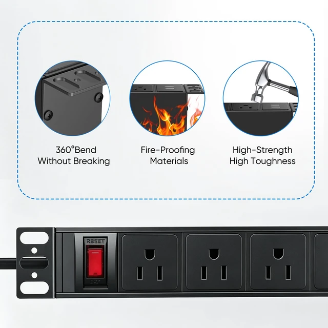Alt view image 6 of 7 - 10'' Rack PDU, 7 Outlets(3 in Front, 4 in Back) 2 USB-A,15A 125V,1875W | 14AWG 6ft Cable,15A Overload Switch,1U Rack mount Power Strips for 10 inch Mini Server Network Cabinets/Rack/Self