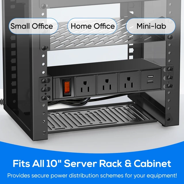 Alt view image 7 of 7 - 10'' Rack PDU, 7 Outlets(3 in Front, 4 in Back) 2 USB-A,15A 125V,1875W | 14AWG 6ft Cable,15A Overload Switch,1U Rack mount Power Strips for 10 inch Mini Server Network Cabinets/Rack/Self