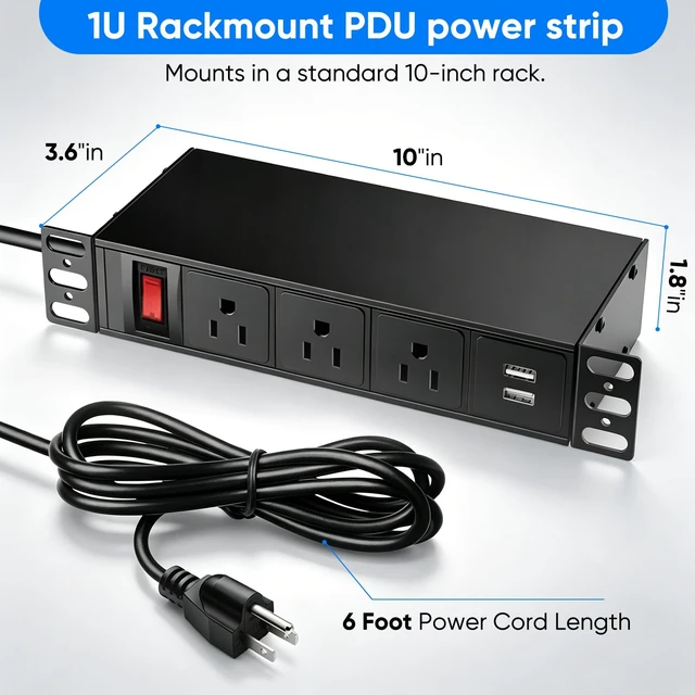 Alt view image 5 of 7 - 10'' Rack PDU, 7 Outlets(3 in Front, 4 in Back) 2 USB-A,15A 125V,1875W | 14AWG 6ft Cable,15A Overload Switch,1U Rack mount Power Strips for 10 inch Mini Server Network Cabinets/Rack/Self