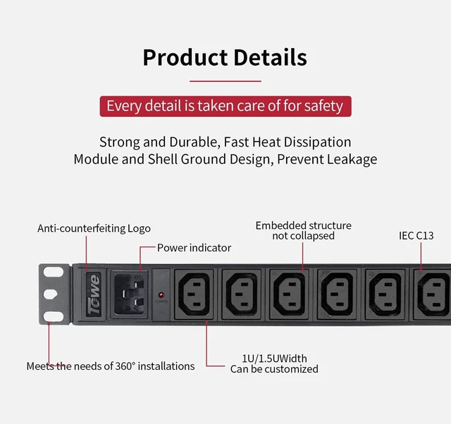 Alt view image 3 of 7 - Power Strip, 8 Outlets IEC C13 Metal PDU Power Strip,Built-in C20 Outlet Extender Heavy Duty, 16A 250V 4000W Server Rack PDU/Data Center Power