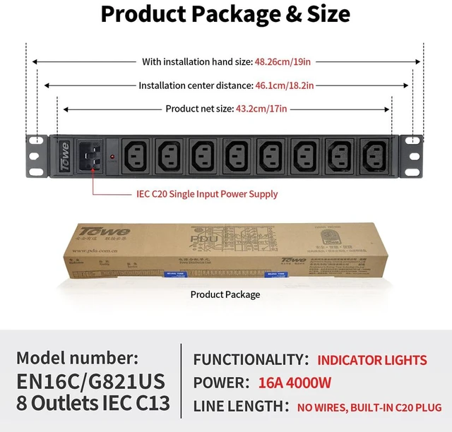 Alt view image 2 of 7 - Power Strip, 8 Outlets IEC C13 Metal PDU Power Strip,Built-in C20 Outlet Extender Heavy Duty, 16A 250V 4000W Server Rack PDU/Data Center Power