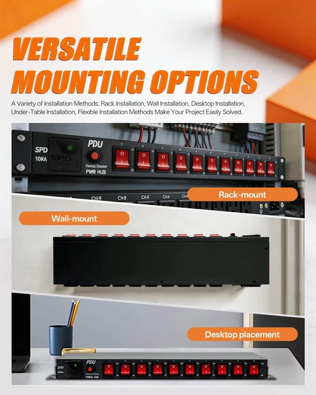Alt view image 6 of 7 - 10 Outlet 1U Rack Mount Power Strip PDU with Individual LED Switches | Wall Mount Power Strips, 15A/125V, 6ft Cord, Metal Case, for Server Rack, Network Cabinet, Data Center