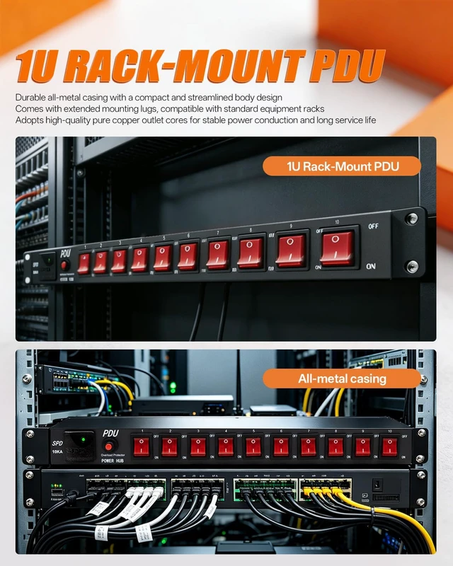 Alt view image 4 of 7 - 10 Outlet 1U Rack Mount Power Strip PDU with Individual LED Switches | Wall Mount Power Strips, 15A/125V, 6ft Cord, Metal Case, for Server Rack, Network Cabinet, Data Center