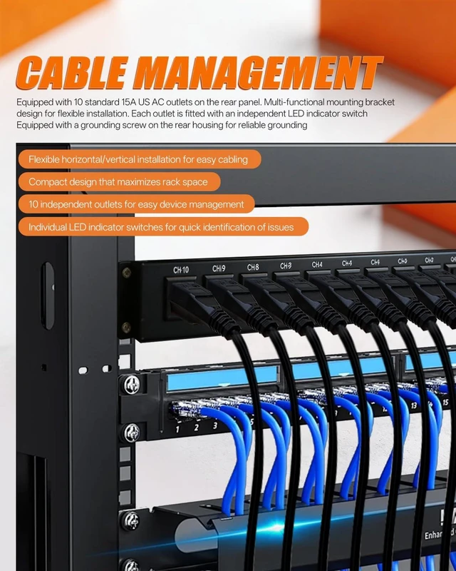 Alt view image 3 of 7 - 10 Outlet 1U Rack Mount Power Strip PDU with Individual LED Switches | Wall Mount Power Strips, 15A/125V, 6ft Cord, Metal Case, for Server Rack, Network Cabinet, Data Center