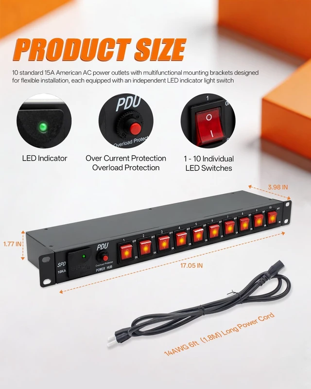 Alt view image 5 of 7 - 10 Outlet 1U Rack Mount Power Strip PDU with Individual LED Switches | Wall Mount Power Strips, 15A/125V, 6ft Cord, Metal Case, for Server Rack, Network Cabinet, Data Center