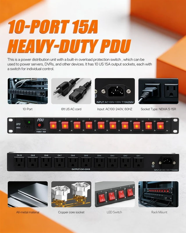 Alt view image 2 of 7 - 10 Outlet 1U Rack Mount Power Strip PDU with Individual LED Switches | Wall Mount Power Strips, 15A/125V, 6ft Cord, Metal Case, for Server Rack, Network Cabinet, Data Center