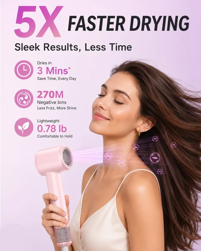 Alt view image 3 of 7 - Hair Dryer with Diffuser & Comb Attachment for Curly Hair, 270M Negative Ionic Blow Dryer Brush, High-Speed 110,000RPM Brushless Motor Hairdryer, Lightweight Travel Hair Dryers Set Quiet, Women/Men
