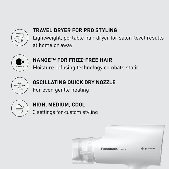 Alt view image 2 of 7 - nanoe Compact Hair Dryer EH-NA2C-W (White) - Japanese Nanoe Techonology, Foldable Travel Blow Dryer with Oscillating Quick Dry Nozzle, 1400W Lightweight Portable Hair Dryer, Anti-Frizz