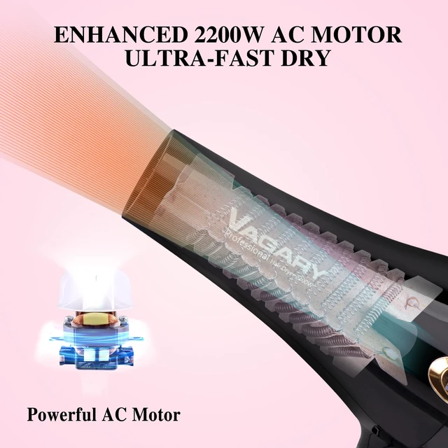 Alt view image 3 of 6 - Hair Dryer with Diffuser Concentrator, 2200W Professional Salon Ionic Blow Dryer for Frizz Free Smooth Hair, Featuring 2 Speeds and 2 Heat Settings, Cool Shot ButtonGold