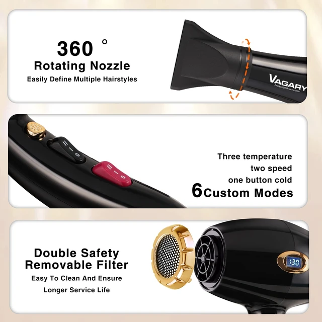 Alt view image 4 of 6 - Hair Dryer with Diffuser Concentrator, 2200W Professional Salon Ionic Blow Dryer for Frizz Free Smooth Hair, Featuring 2 Speeds and 2 Heat Settings, Cool Shot ButtonGold