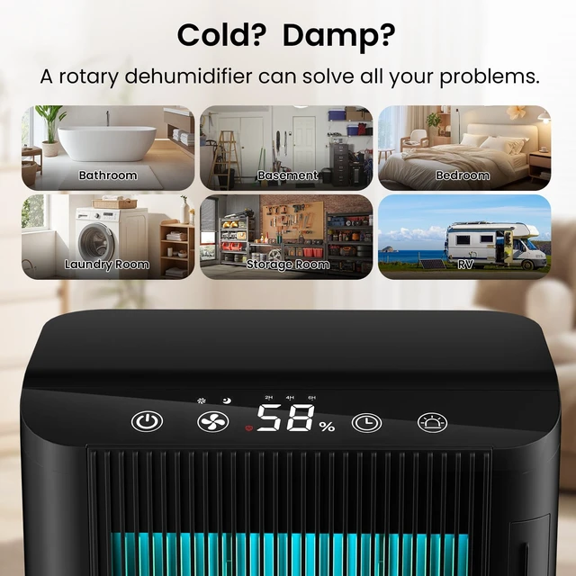 Alt view image 7 of 7 - Dehumidifier for Home Bedroom Basement with Humidity Display | New-Rotary Desiccant Dehumidifier with Drain Hose/85 OZ Water Tank/Washable Filter/Auto Shut Off/Ultra Quiet/7 Color Light