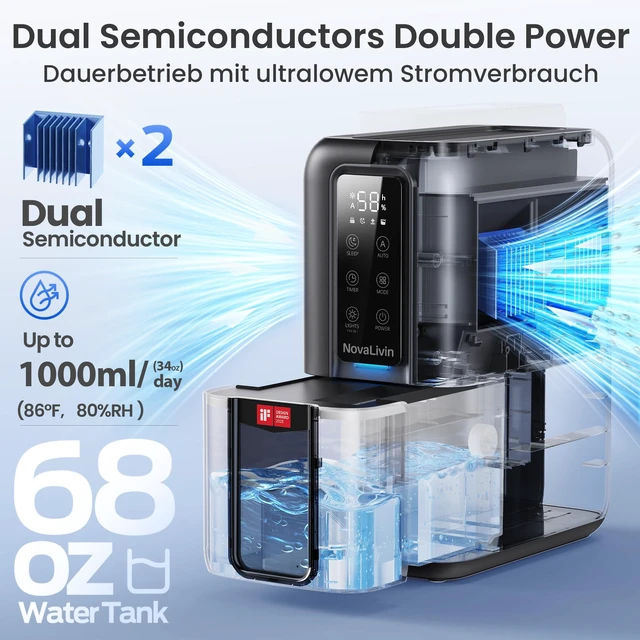Alt view image 2 of 7 - Dehumidifiers for Bathroom with Moisture Absorber Bag Reusable, 68 OZ Water Tank Portable Quiet Dehumidifier for Bedroom with Auto Shut Off, 7 Colors LED Light for Home, RV, Garage, apartment, Black