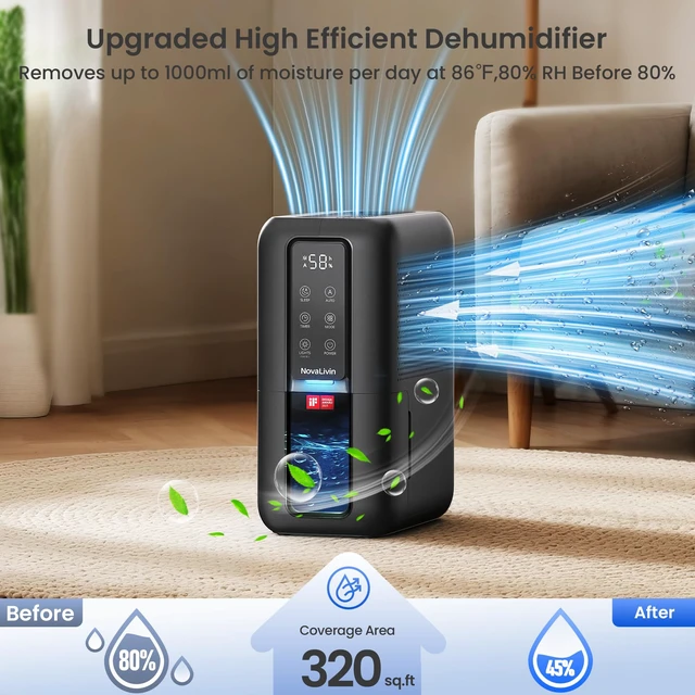 Alt view image 3 of 7 - Dehumidifiers for Bathroom with Moisture Absorber Bag Reusable, 68 OZ Water Tank Portable Quiet Dehumidifier for Bedroom with Auto Shut Off, 7 Colors LED Light for Home, RV, Garage, apartment, Black