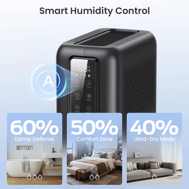 Alt view image 5 of 7 - Dehumidifiers for Bathroom with Moisture Absorber Bag Reusable, 68 OZ Water Tank Portable Quiet Dehumidifier for Bedroom with Auto Shut Off, 7 Colors LED Light for Home, RV, Garage, apartment, Black