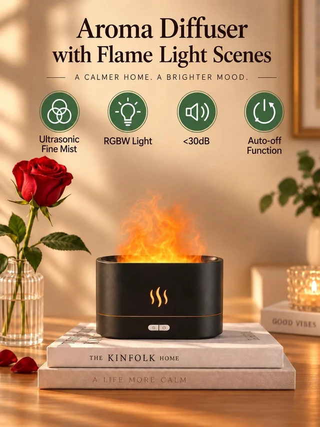 Alt view image 2 of 7 - Essential Oil Diffuser, Air Humidifier with Flame Led Light - 7 Colors, 180mL Capacity (8 Hours), Noiseless Operation, Auto-Off Protection - Perfect for Home Bedroom Office Gifts(Black)