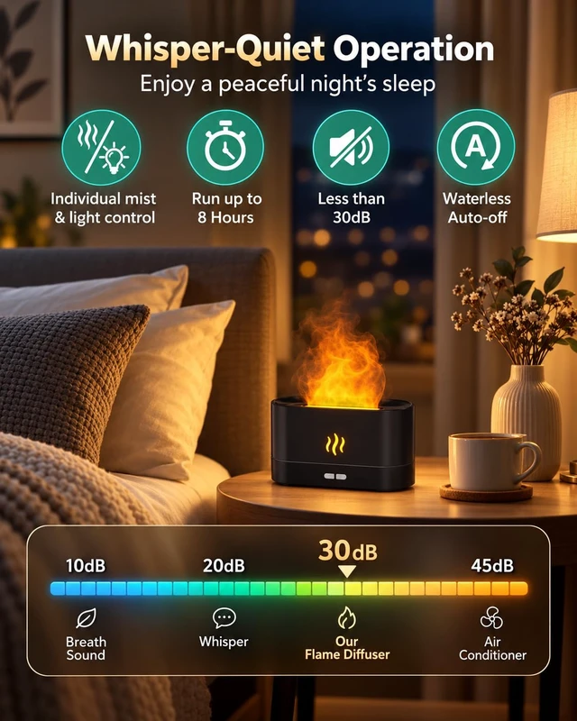 Alt view image 3 of 7 - Essential Oil Diffuser, Air Humidifier with Flame Led Light - 7 Colors, 180mL Capacity (8 Hours), Noiseless Operation, Auto-Off Protection - Perfect for Home Bedroom Office Gifts(Black)