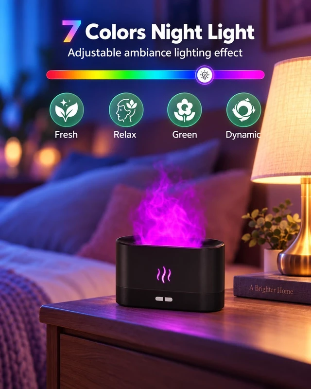 Alt view image 4 of 7 - Essential Oil Diffuser, Air Humidifier with Flame Led Light - 7 Colors, 180mL Capacity (8 Hours), Noiseless Operation, Auto-Off Protection - Perfect for Home Bedroom Office Gifts(Black)