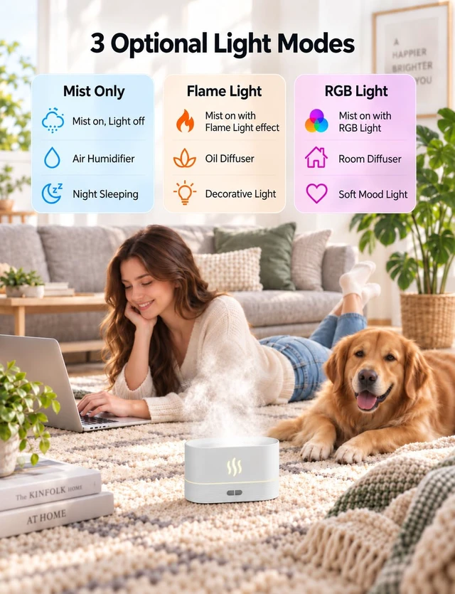 Alt view image 6 of 7 - Essential Oil Diffuser, Air Humidifier with Flame Led Light - 7 Colors, 180mL Capacity (8 Hours), Noiseless Operation, Auto-Off Protection - Perfect for Home Bedroom Office Gifts(Black)