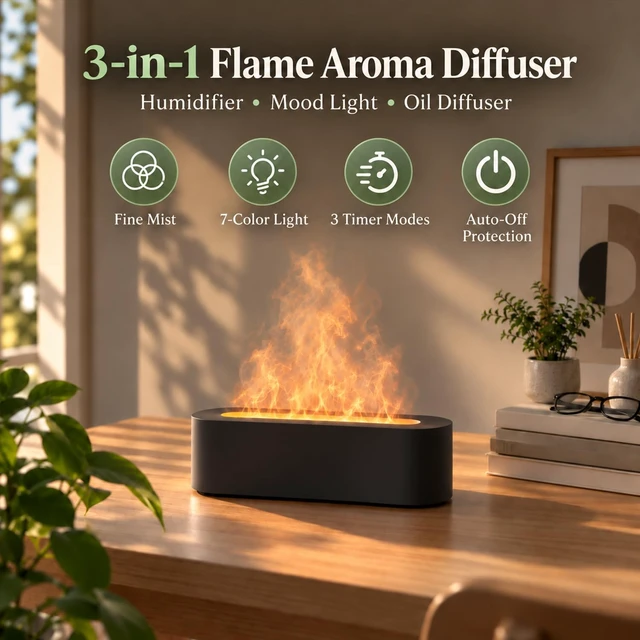 Alt view image 3 of 7 - Flame Air Diffuser, Humidifier, Essential Oil Diffuser - 7 Colors, 200mL Capacity (8 Hours), Noiseless Operation, Auto-Off Protection - Perfect for Home Bedroom Office Gifts(Black)