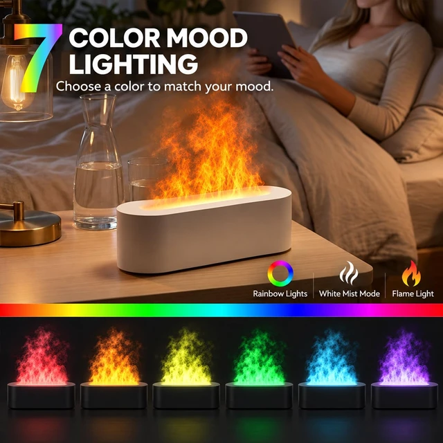 Alt view image 4 of 7 - Flame Air Diffuser, Humidifier, Essential Oil Diffuser - 7 Colors, 200mL Capacity (8 Hours), Noiseless Operation, Auto-Off Protection - Perfect for Home Bedroom Office Gifts(Black)