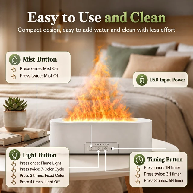 Alt view image 5 of 7 - Flame Air Diffuser, Humidifier, Essential Oil Diffuser - 7 Colors, 200mL Capacity (8 Hours), Noiseless Operation, Auto-Off Protection - Perfect for Home Bedroom Office Gifts(Black)