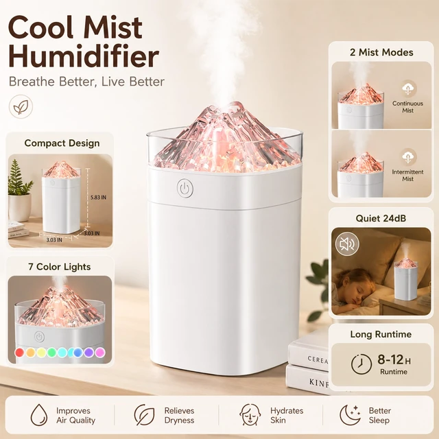 Alt view image 2 of 7 - 7-Color USB Lighted Cool Mist White Small Humidifier, 400ml, 10-20H Runtime | Ultra-Quiet (24db) 2 Mist Modes And Auto Shut-Off Humidifier For Bedrooms, Baby Nurseries, Home