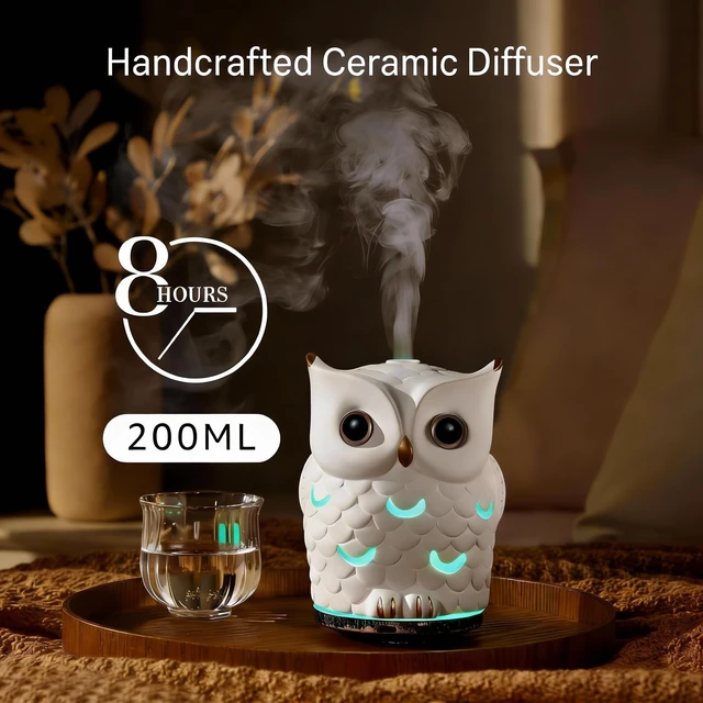 Alt view image 4 of 5 - Owl Essential Oil Diffuser, 200ML Handmade Ceramic Aromatherapy Humidifier, Ultrasonic Cool Mist, 7-Color LED Night Light, Auto Shut-Off, White