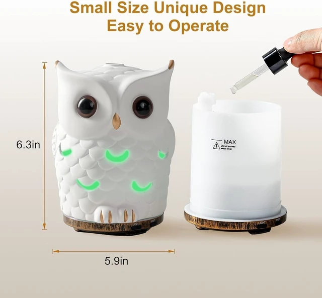 Alt view image 2 of 5 - Owl Essential Oil Diffuser, 200ML Handmade Ceramic Aromatherapy Humidifier, Ultrasonic Cool Mist, 7-Color LED Night Light, Auto Shut-Off, White