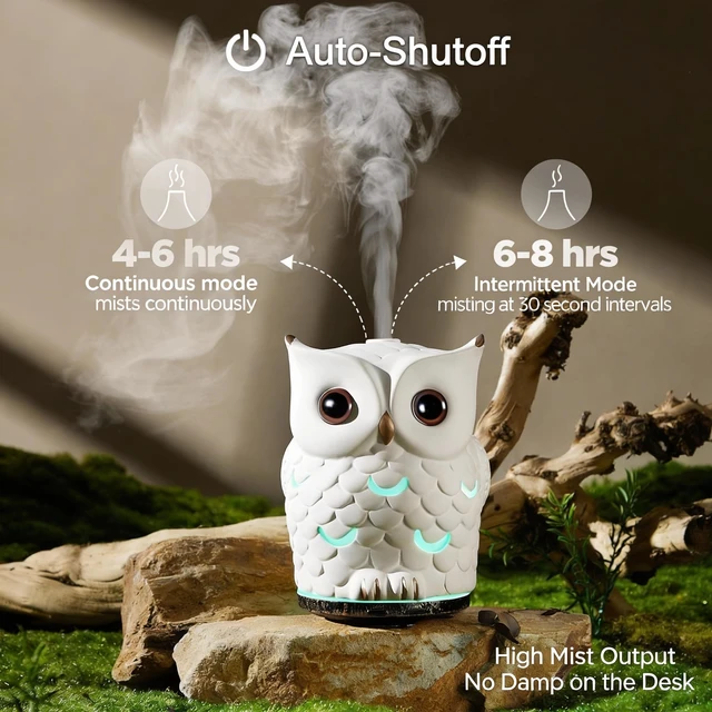 Alt view image 3 of 5 - Owl Essential Oil Diffuser, 200ML Handmade Ceramic Aromatherapy Humidifier, Ultrasonic Cool Mist, 7-Color LED Night Light, Auto Shut-Off, White