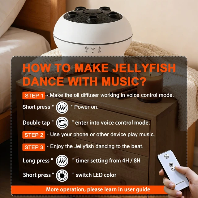 Alt view image 6 of 7 - Essential Oil Diffuser Jellyfish Humidifier Remote Ctrl & 7Color LED | 250ML Dancing Jellyfish Aromatherapy Diffuser, Ultrasonic Air Humidifier, Sound Pickup, for Home Bedroom, Office & Hotel Use