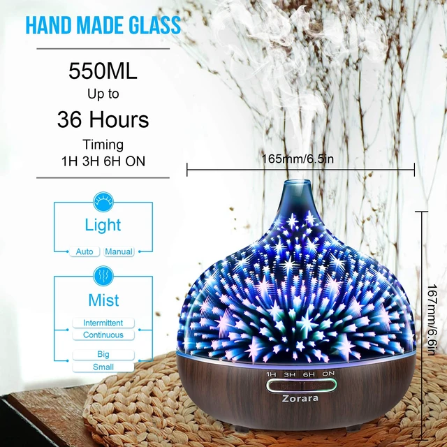 Alt view image 2 of 7 - Essential Oil Diffuser 550ml Cool Mist Humidifier 3D Glass Ultrasonic Aromatherapy Humidifier with 7 Color Changing Led Lights, Waterless Auto Shut-Off, Adjustable Timer, Remote Control, Star