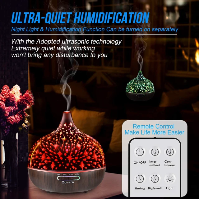 Alt view image 3 of 7 - Essential Oil Diffuser 550ml Cool Mist Humidifier 3D Glass Ultrasonic Aromatherapy Humidifier with 7 Color Changing Led Lights, Waterless Auto Shut-Off, Adjustable Timer, Remote Control, Star
