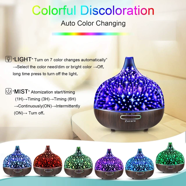 Alt view image 4 of 7 - Essential Oil Diffuser 550ml Cool Mist Humidifier 3D Glass Ultrasonic Aromatherapy Humidifier with 7 Color Changing Led Lights, Waterless Auto Shut-Off, Adjustable Timer, Remote Control, Star