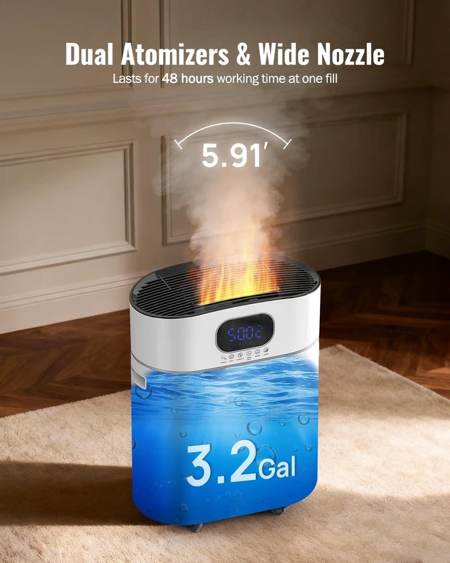 Alt view image 3 of 7 - Humidifier Large Room Warm and Cool Mist for Bedroom, 3.2Gal/12L, White | Auto Restart Humidifiers for Home Plants, Air Humidifiers for Bedroom with Diffuser & Flame Light, timer, smart humidity