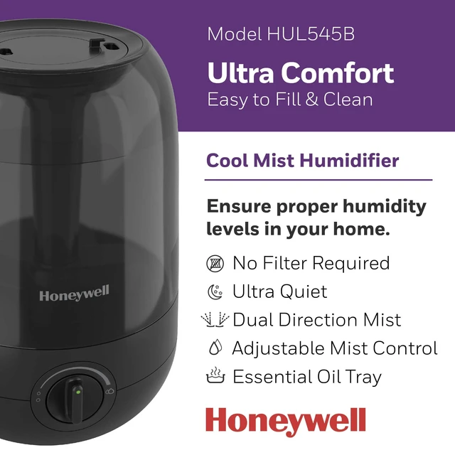 Alt view image 2 of 7 - Ultra Comfort Cool Mist Humidifier, No Filter, Easy to Fill and Clean, Cleaning Brush Included, Ultra Quiet, Use Air Humidifier with Essential Oils for Extra Comfort, Black, HUL545B