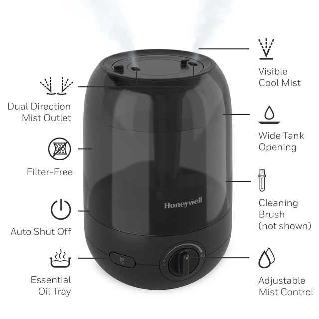 Alt view image 7 of 7 - Ultra Comfort Cool Mist Humidifier, No Filter, Easy to Fill and Clean, Cleaning Brush Included, Ultra Quiet, Use Air Humidifier with Essential Oils for Extra Comfort, Black, HUL545B