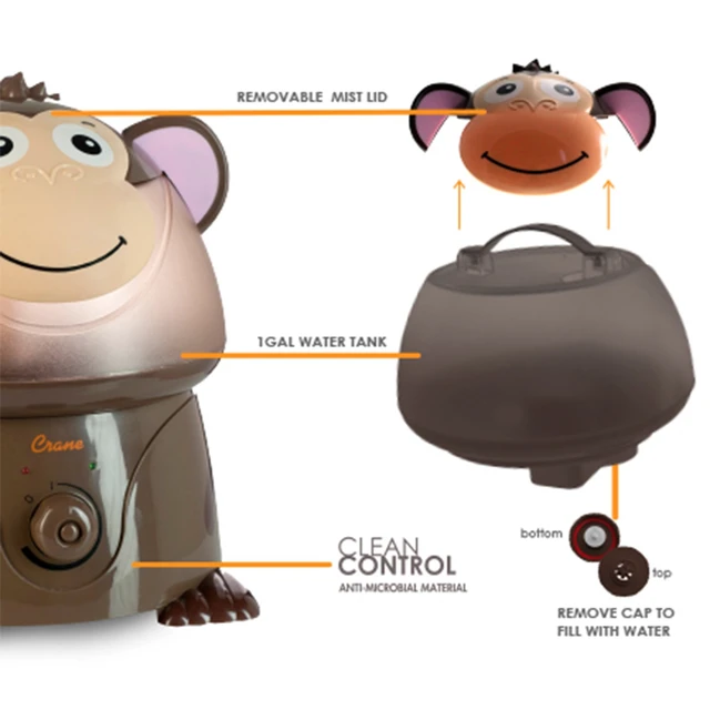 Alt view image 6 of 6 - Adorables Ultrasonic Humidifiers for Bedroom and Baby Nursery, 1 Gallon Cool Mist Air Humidifier for Large Room or Kid's Room, Humidifier Filters Optional, Monkey