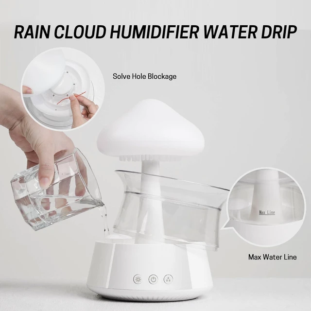 Alt view image 4 of 7 - Cloud Humidifier Water Drip - Mushroom Aroma Diffuser, Essential Oil Diffusers, 300ml White Noise Aromatherapy Diffusers with 7 Colors Cloud Lights for Home, Large Room, Office - White