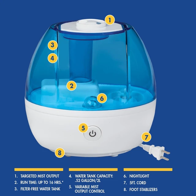 Alt view image 6 of 7 - Cool Mist Ultrasonic Humidifier, 0.5 Gallon | Soothing Cool Mist for Medium Rooms, 16-Hour Run Time, No Filter Required, Quiet Whole-Room Comfort