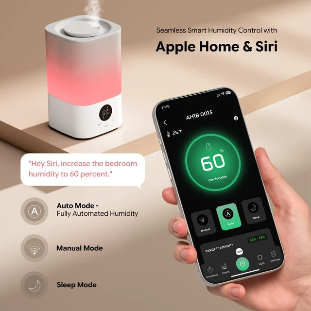 Alt view image 3 of 6 - AH1B 3.2L HomeKit Smart Humidifier, Top-Fill, Cool Mist, White | ONLY, HomeKit Over THREAD, HomeKit Hub Required, Sleep Mode, 60 hrs Lasting, for Large Room, Aroma Diffuser