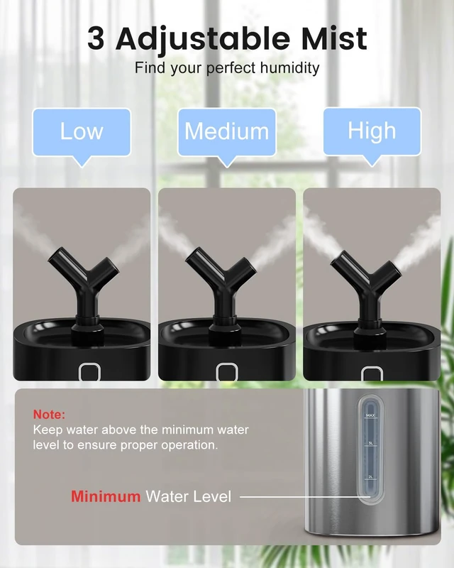 Alt view image 5 of 6 - Stainless Steel Humidifier Dishwasher Safe, 4L/1Gal Cool Mist Humidifiers for Bedroom, Easy Clean Humidifier Large Room, Humidifiers for Baby Nursery Living Room Office Plant, Black