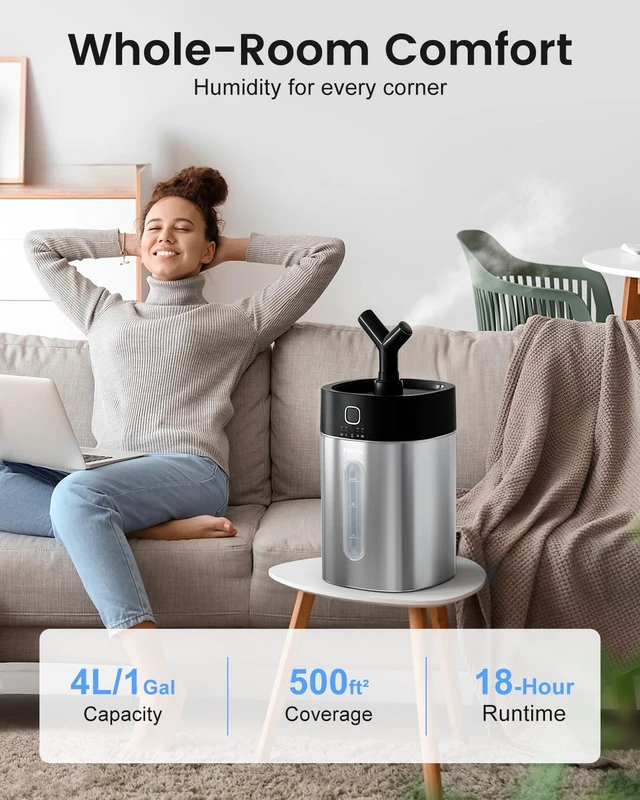 Alt view image 3 of 6 - Stainless Steel Humidifier Dishwasher Safe, 4L/1Gal Cool Mist Humidifiers for Bedroom, Easy Clean Humidifier Large Room, Humidifiers for Baby Nursery Living Room Office Plant, Black